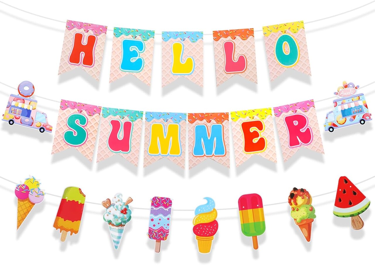 Hello Summer Banner, Colorful Ice Cream Sign Banner Bunting Garland Hanging Paper Kit for Hawaiian Tropical Luau Summer Beach Sweet Ice Cream Birthday Party Decorations Supplies